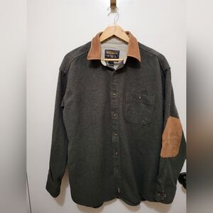Woolrich Vintage Men's Olive Wool Shirt with Brown Details. Size L
